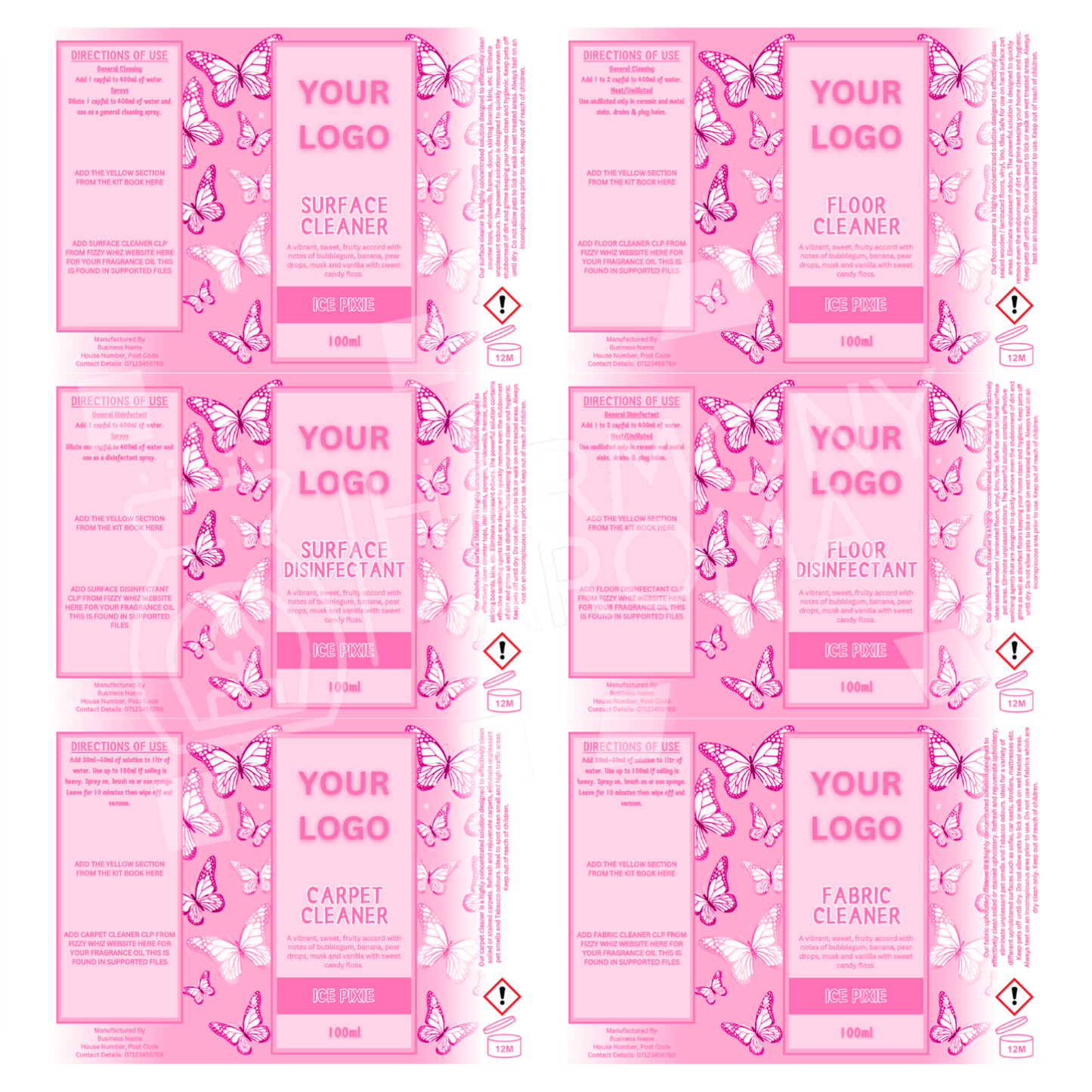 Pink Butterfly - 6 in 1 Cleaning Label Template